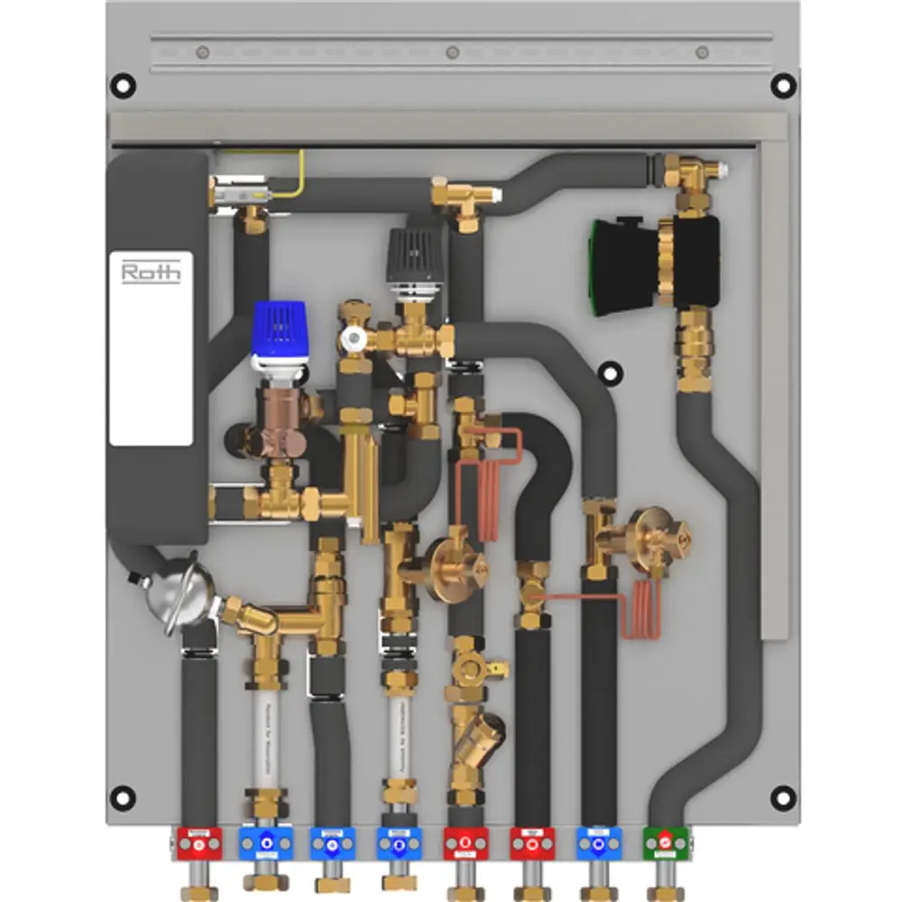 Roth Wohnungsstation mit verschiedenen Rohrleitungen, Ventilen und Anschlussstellen zur Heizungs- oder Warmwasserverteilung in einem kompakten Design.